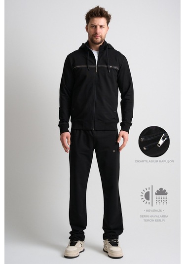 Shooter Sportswear Klasik Antrasit Erkek Eşofman Takımı Çıkartılabilir Kapüşonlu Rahat Kalıp Siyah