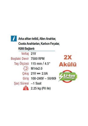 Vıdo Wd040520210 Profesyonel 115 MM Akülü Kömürsüz Motor 21 Volt Lion Avuç Taşlama Makinesi