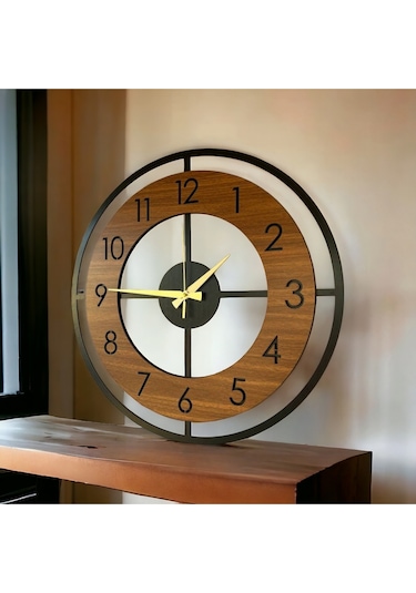 Aa Shop Desenli Sessiz Duvar Saati 50 CM Ahşap - Ceviz - Siyah Siyah Ceviz