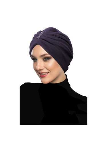 Dizayn Tüllü Kristal Taş İşlemeli Çift Taraflı Astarlı Mor Hazır Türban Tesettür Abiye Bone Mor