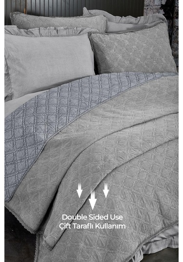 Evlen Home %100 Pamuk Çift Kişilik Özel Taş Yıkama Nevresimli Yatak Örtüsü Seti 7 Parça Yumuşak Barbara Gri