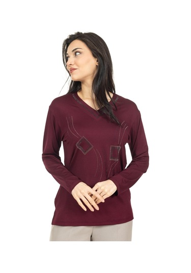 Kadın Orta Yaş Ve Üzeri Yeni Model V Yaka Taş İşlemeli Anne Penye Bluz 30560-vişne Çürüğü