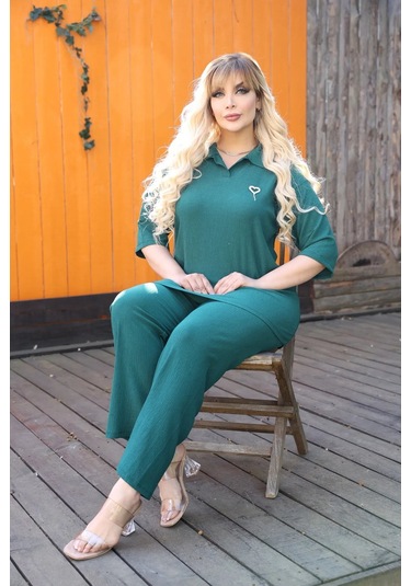 Kadın Günlük Patlı Gömlek Yaka Pantolon Takım Bürümcük Kumaş Yeşil