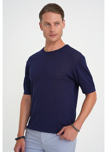 Comfort Fit Bisiklet Yaka Kısa Kol Spor Lacivert Triko Tr 881 Lacivert