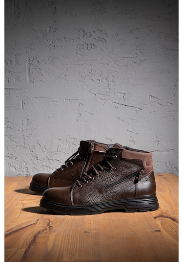 Ankle Hakiki Deri Bağcıklı Kauçuk Taban Erkek Bot, Fermuarlı Bot