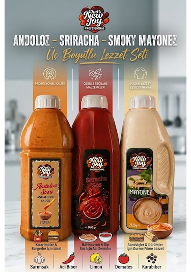 Üç Boyutlu Lezzet Seti - Andoloz + Sriracha + Smoky Mayonez Gurme Sos Seti 3lü