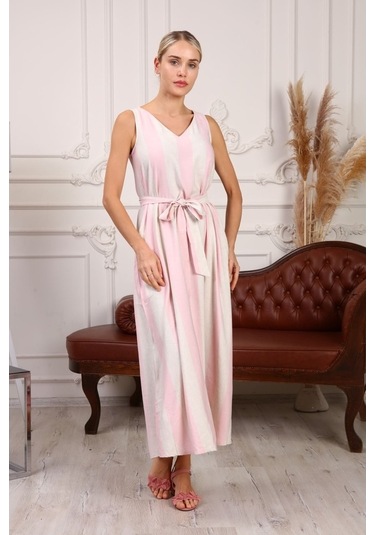 Aymeravm - Kemerli Çizgili Kalın Askılı Kadın Elbise - Mas0506Ga