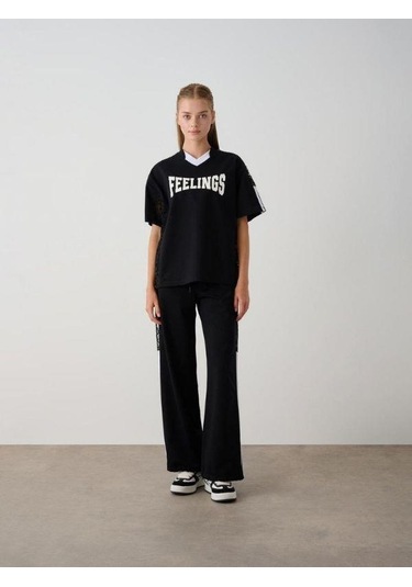 Kız Çocuk Feelings Baskılı Tshirt Pantolon Tasarım Takım-15516 Siyah