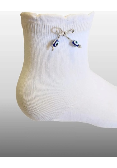 Kız Çocuk Nazar Boncuklu Mevsimlik Beyaz Renkli Soket Çorap 2'li Set Beyaz