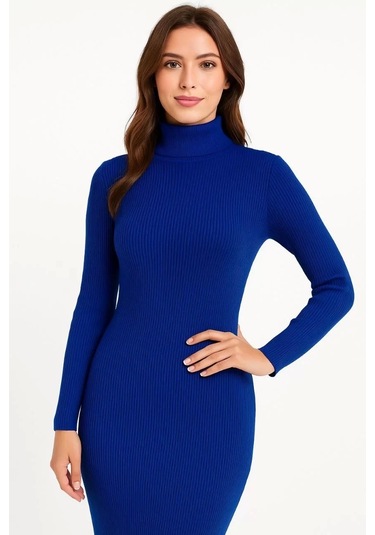 Kadın Boğazlı Uzun Fitilli Triko Dokuma Elbise - Saks Mavisi Saks Mavisi