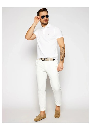 Tommy Hilfiger Polo Yaka Pike Erkek T-shirt Beyaz
