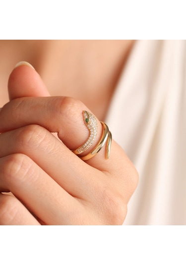 14 Ayar Altın Yılan Yüzük Emerald T11138 Renkli