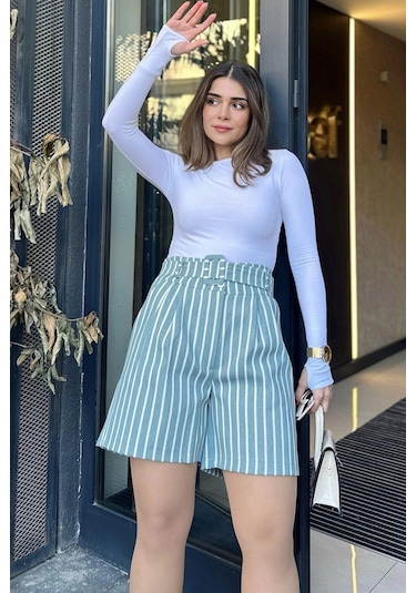 WeShaya Kadın Mint Kemerli, Yüksek Bel, Pliseli, Rahat Kesim, Gabardin Şort Mint