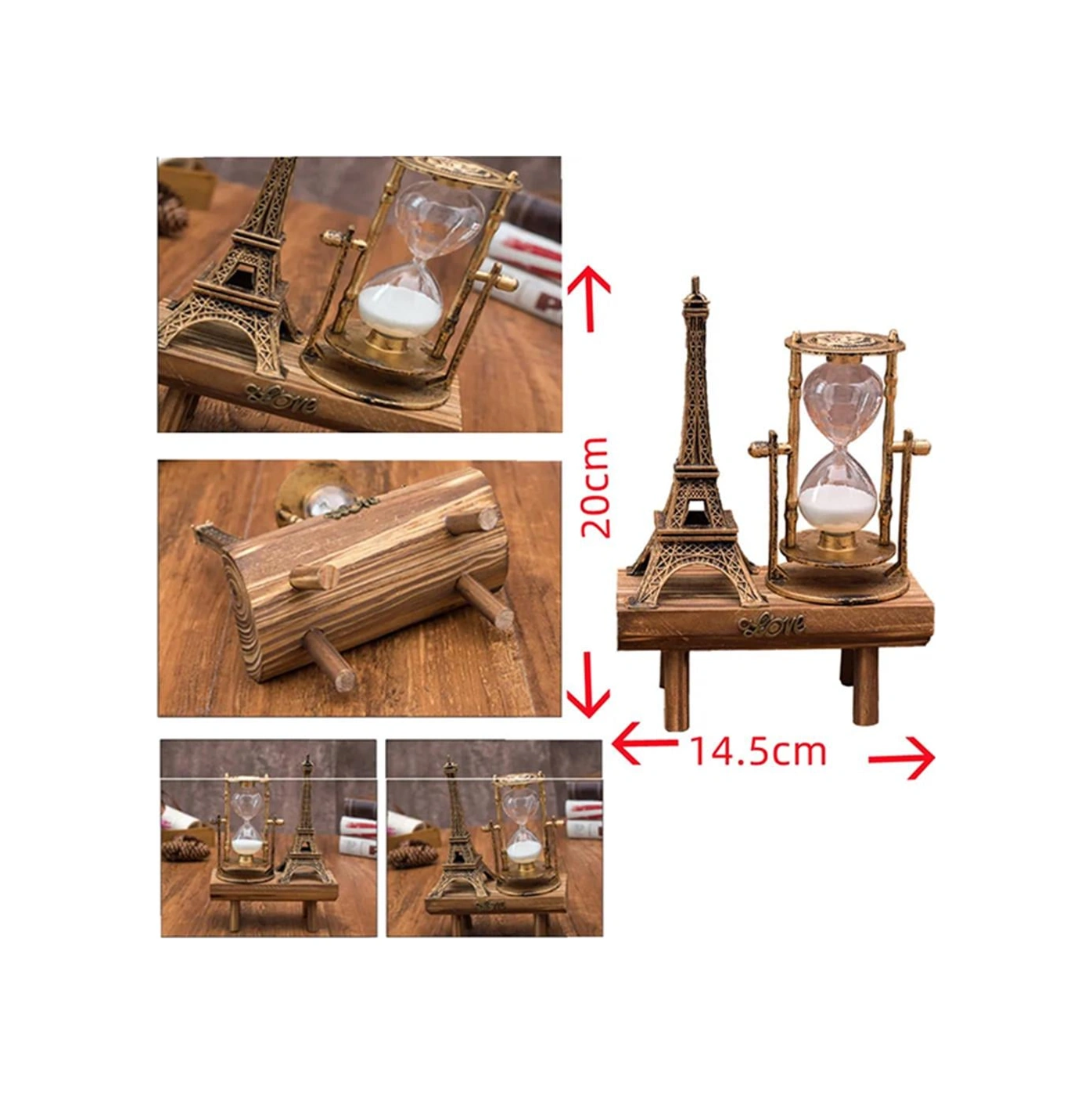 Dekoratif Eyfel Kulesi Tasarımlı Kum Saatli Ahşap Altlıklı Masa Süsü Altın Renk