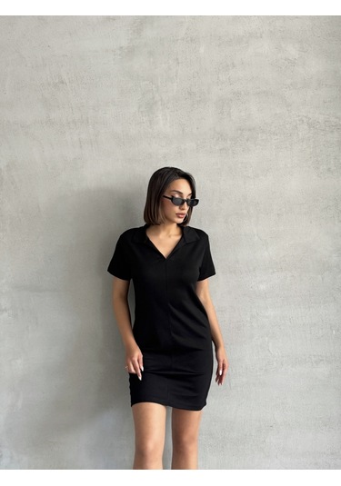 Kadın Polo Yaka Soft Touch Elbise Siyah