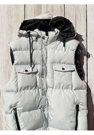 Çocuk Kapüşonlu Cep Detaylı Şişme Kalın Yelek-15008 Gri