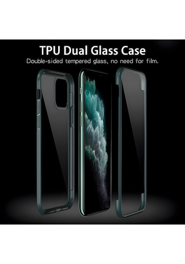 Apple Uyumlu iPhone 11 Pro Max Kılıf Dor Silikon Temperli Cam Kapak Koyu Yeşil