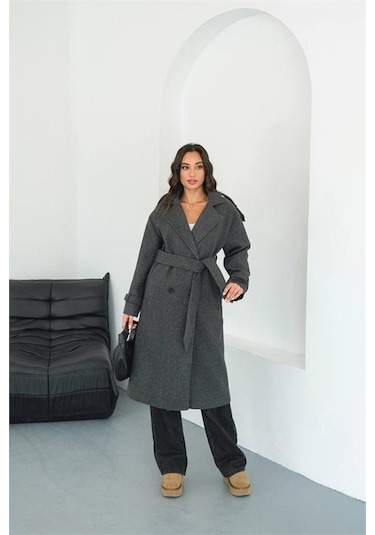 Neşeli Butik Kadın Omuz Detaylı Antrasit Kaşe Kaban Nbmylk34 Antrasit