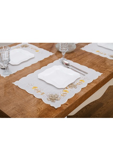 Finezza Linda Nakışlı Keten Efekt Kumaş Krem Sarı A.Servis 33,5x45 cm 4 Ad -1398 Krem