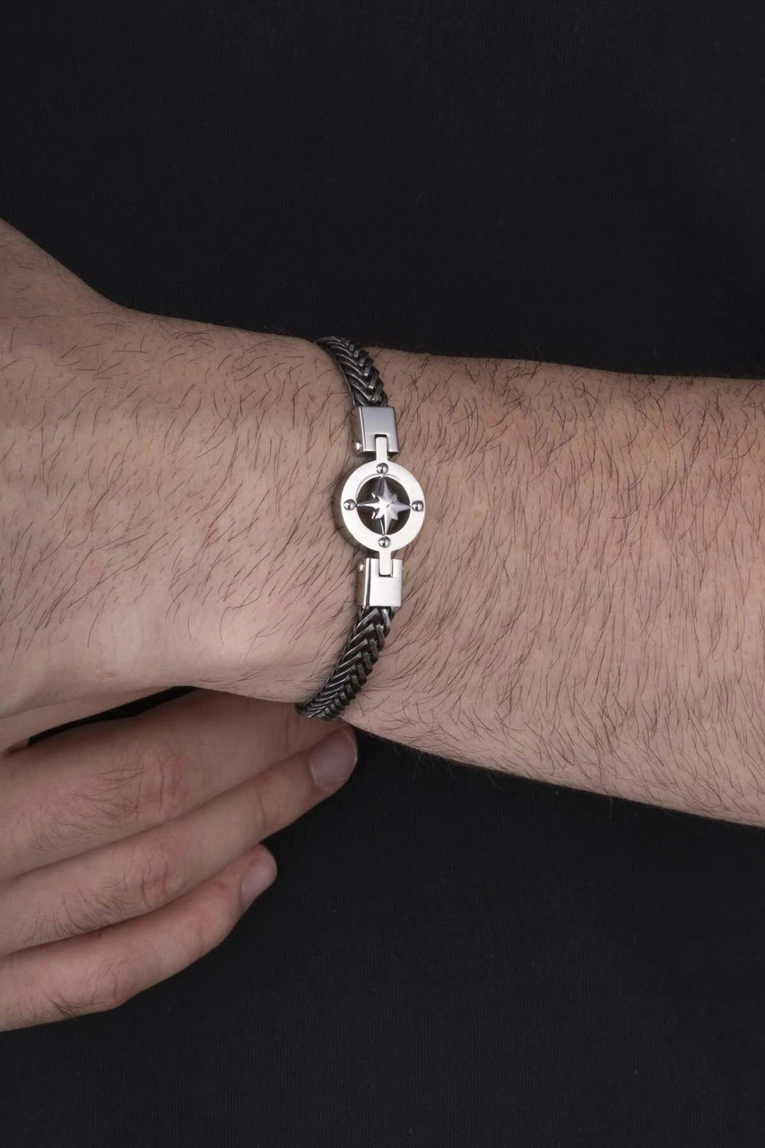 Gümüş Pazarım Kutup Yıldızı Motifli Zincir Model Çelik Erkek Bileklik Çok Renkli