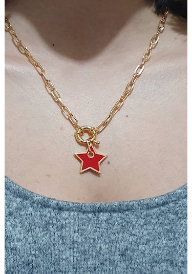 Gümüş Kaplama Kırmızı Yıldızlı Zincir Kolye Gold Kırmızı