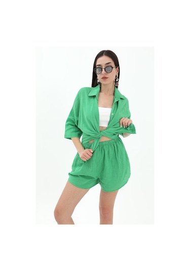 Pamuk Keten Şort Gömlek Kadın İkili Takım - Yeşil-yeşil Yeşil
