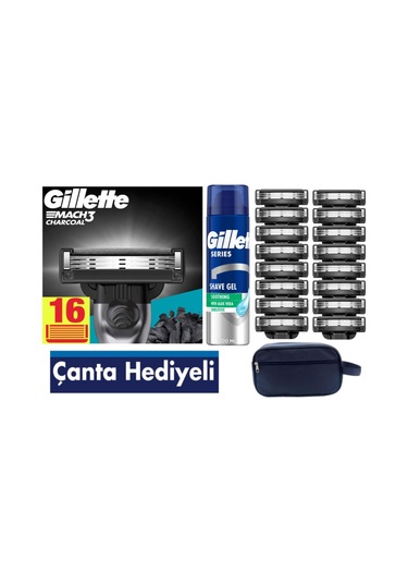 Mach3 Charcoal 16 Adet Yedek Tıraş Bıçağı + 200 Ml Jel + Çanta
