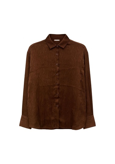4624 Kadın Saten Krinkıl Gömlek Kahve Kahve