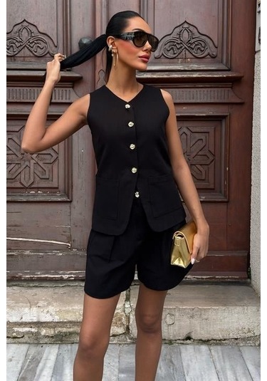 The İstanbul Gold Düğme Detaylı Yelek Şort Cotton Takım 10134-17 Siyah