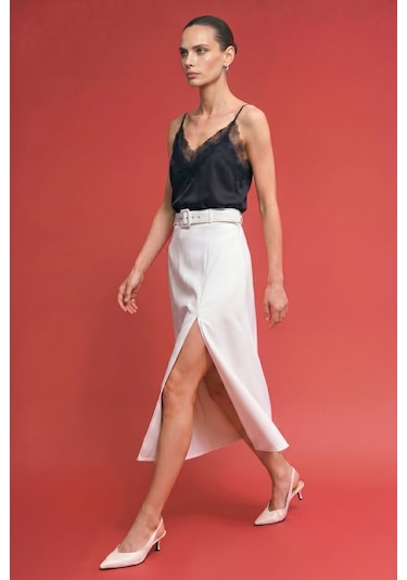 Sateen Kemerli Yırtmaç Detaylı Kloş Etek - Ekru-137417