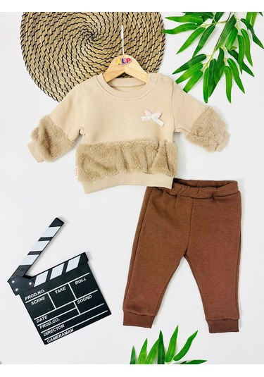 Kelebek Fiyonk Detaylı Belde Ve Kolda Peluş Detaylı Kışlık 2 Parça Takım Kahverengi