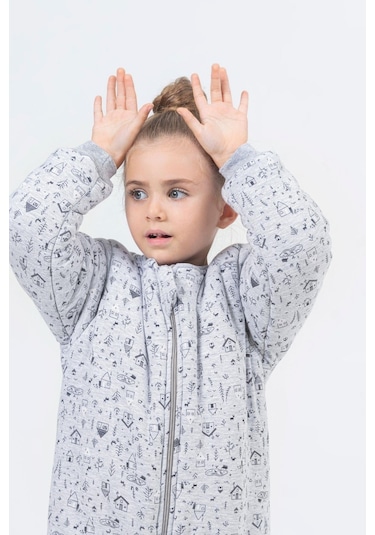Kız Erkek Çocuk Kalın Elyaf Dolgulu Premium Kalite 2.5 Tog Desenli Uyku Tulumu Açık Gri