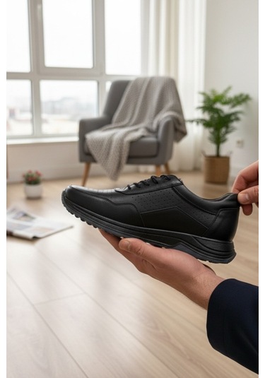 Enoch Hakiki Deri Mikro Delik Detaylı Erkek Sneaker Ortopedik Taban Siyah