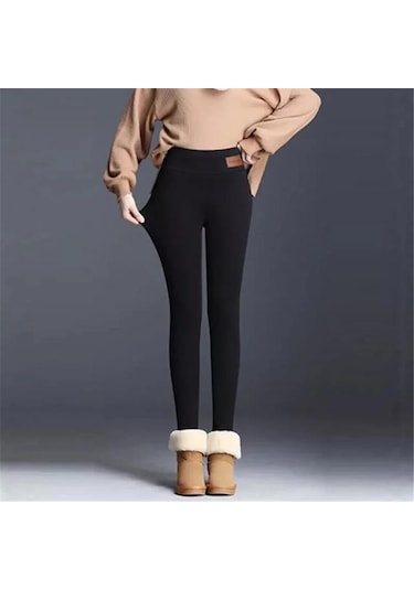 Dumanlı Siyah Kış Kadın Tayt Yün Astarlı Kadife Termal Pantolon Yüksek Bel Tayt Düz Renk Rahat Streç Sıcak Siyah