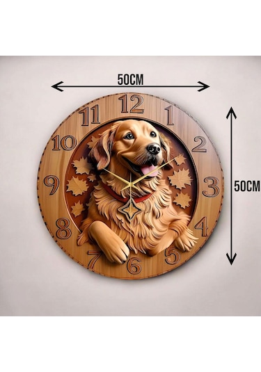 Ahşap Renkli Baskı Golden Köpek Desenli Kabartma Görünümlü Hediyelik Ahşap Sessiz Duvar Saati 50cm ÇOk Renkli