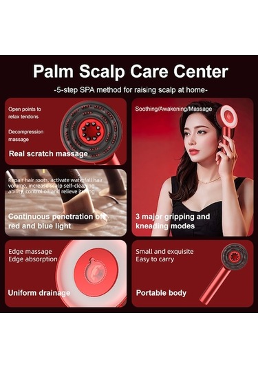 Novahub Yağ Aplikatörlü Saç Derisi Masaj Fırçası - Shiatsu Kırmızı, Kablosuz Masaj Aleti Kırmızı