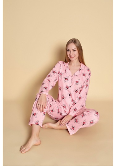 Kadın Gömlek Desenli Uzun Kol Pijama Takımı Pembe