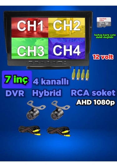 2 Adet Ahd 1080p Kelebek Kamera 7 İnç Dvr Monitör Seti 12 Volt