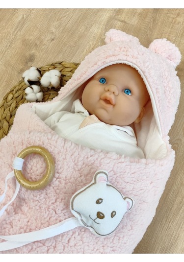 Peluş Bebek Dış Kundağı Oyuncaklı Uyku Tulumu Hastane Çıkışı Hediyelik Sarma Battaniye Pembe