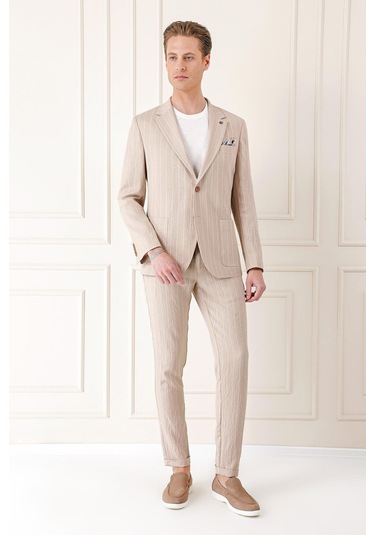 Comfort Fit Çift Yırtmaç İtalyan Çizgili Keten Casual Bej Ceket C 671 Bej
