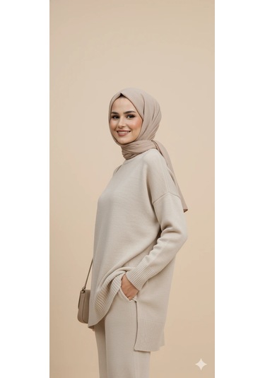 Triko Tunik Pantolon Tesettür Takım Taş