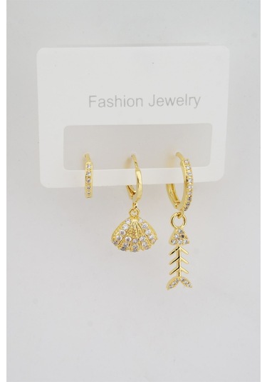 Kadın Altın Kaplama Zirkon Taşlı Deniz Kabuğu Figürlü 3'lü Küpe Seti Altın