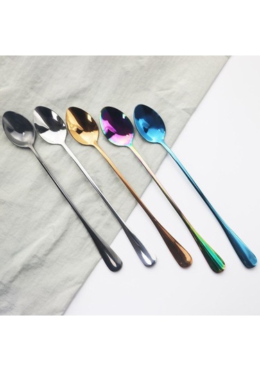 6 Adet Altın Çatal Bıçak Kaşık Seti Paslanmaz Çelik Uzun Saplı Kaşık Gümüş Tatlı Dondurma Kahve Kaşığı Karıştırma Çay Kaşığı Yemek Takımı Altın