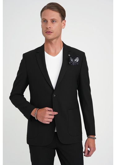 Slim Fit Torba Cep Esnek Pamuk Düz Siyah Blazer Ceket C 712 Siyah