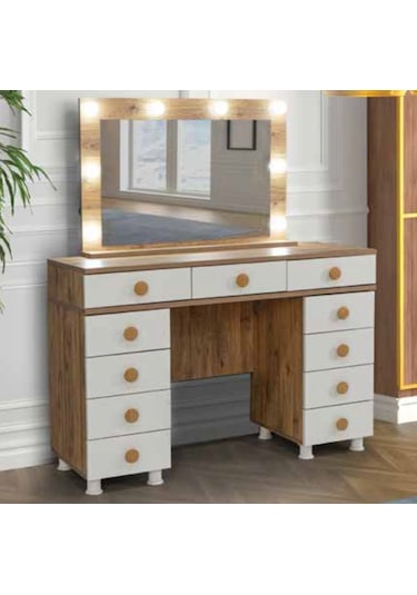 Kdl Çam - Krem Işıklı Makyaj Masası Krem