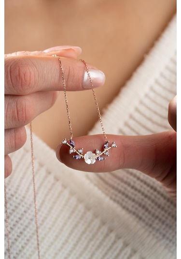 Nereze 925 Ayar Gümüş Mor Taşlı Manolya Çiçeği Zeytin Dalı Model Kolye