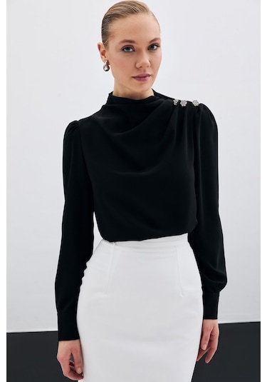 Sateen Düğmeleri Taş Detaylı Bluz - Siyah