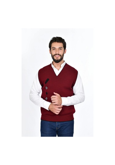 Kamalı Bordo Erkek Çelik Örgü Kışlık Kalın Triko V Yaka Triko Örgü Tüylenmez Süveter Bordo