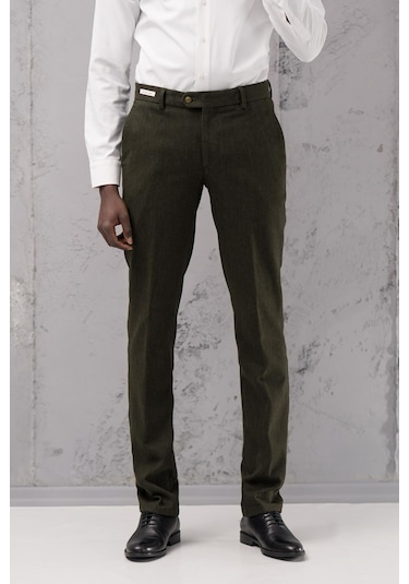 Ecer Regular Fit Düz Kalın Kışlık Gabardin Yan Cepli Pantolon Yeşil