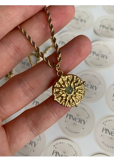 Su Yeşili Taşlı Kutup Yıldızı Gold Paslanmaz Çelik Kadın Kolye Altın